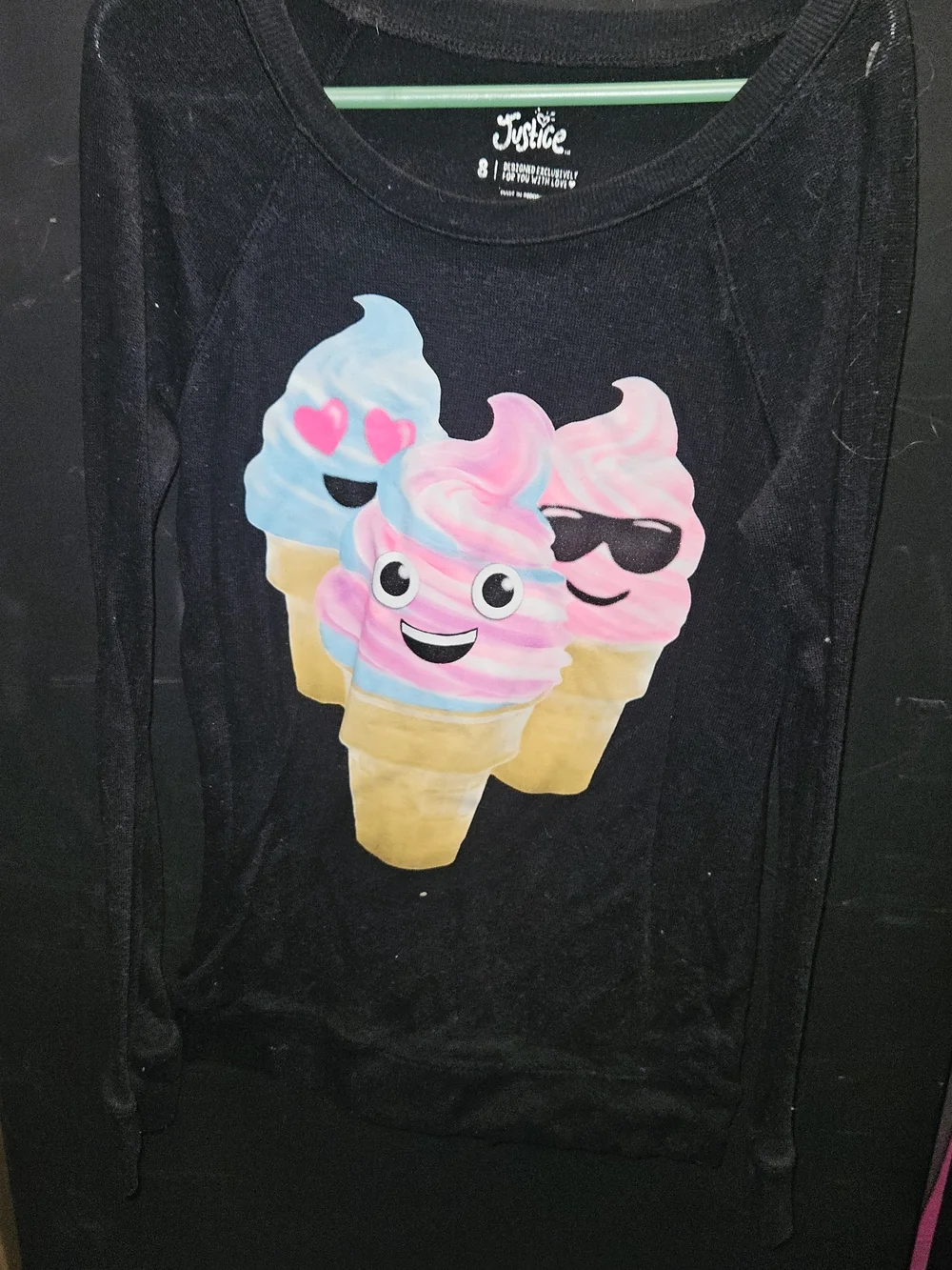 Justice Black Long Sleeve Tee with Pink & Blue Ice Cream Graphic Girls Size 8